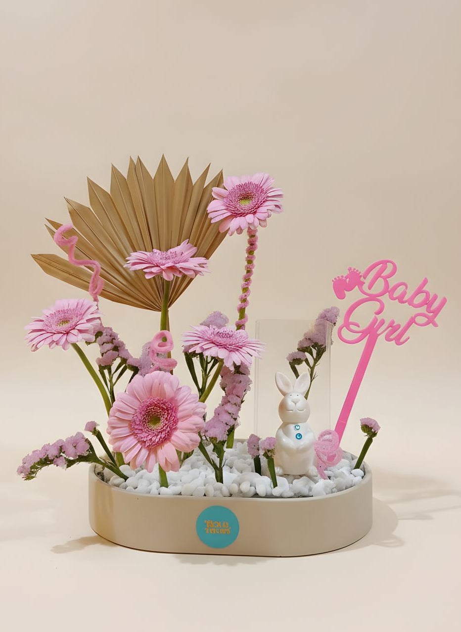 Baby Girl Bunny Gerbera Flower Tray Arrangement