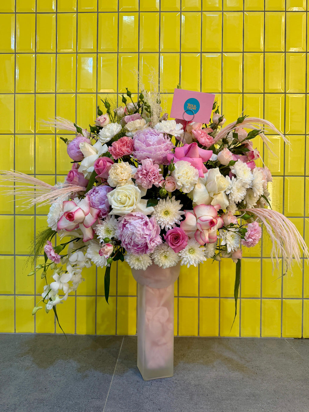 Candy Cloud luxury vase arrangement with premium flowers and premium textures - orchids, peonies, roses, carnations