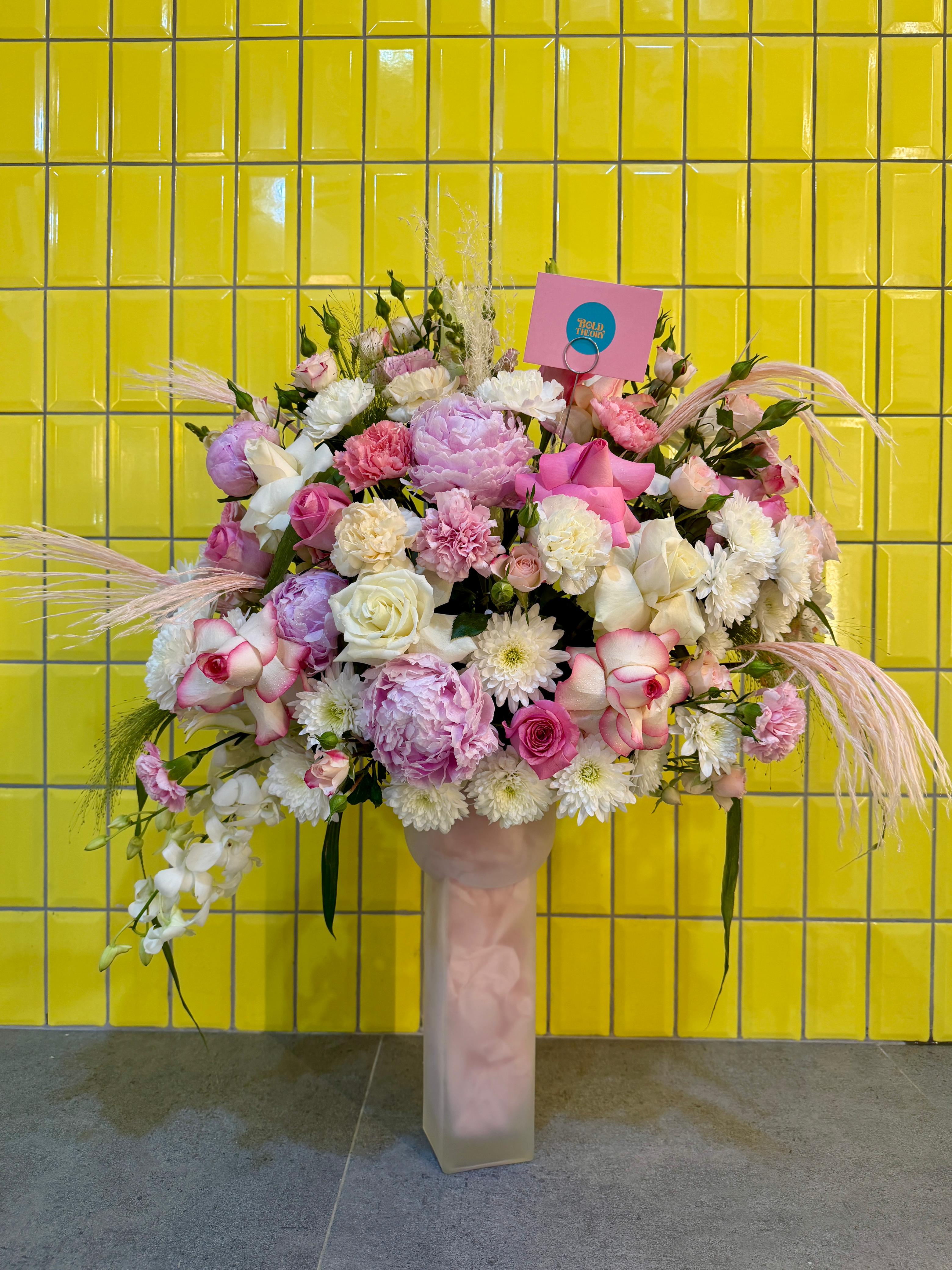 Candy Cloud luxury vase arrangement with premium flowers and premium textures - orchids, peonies, roses, carnations