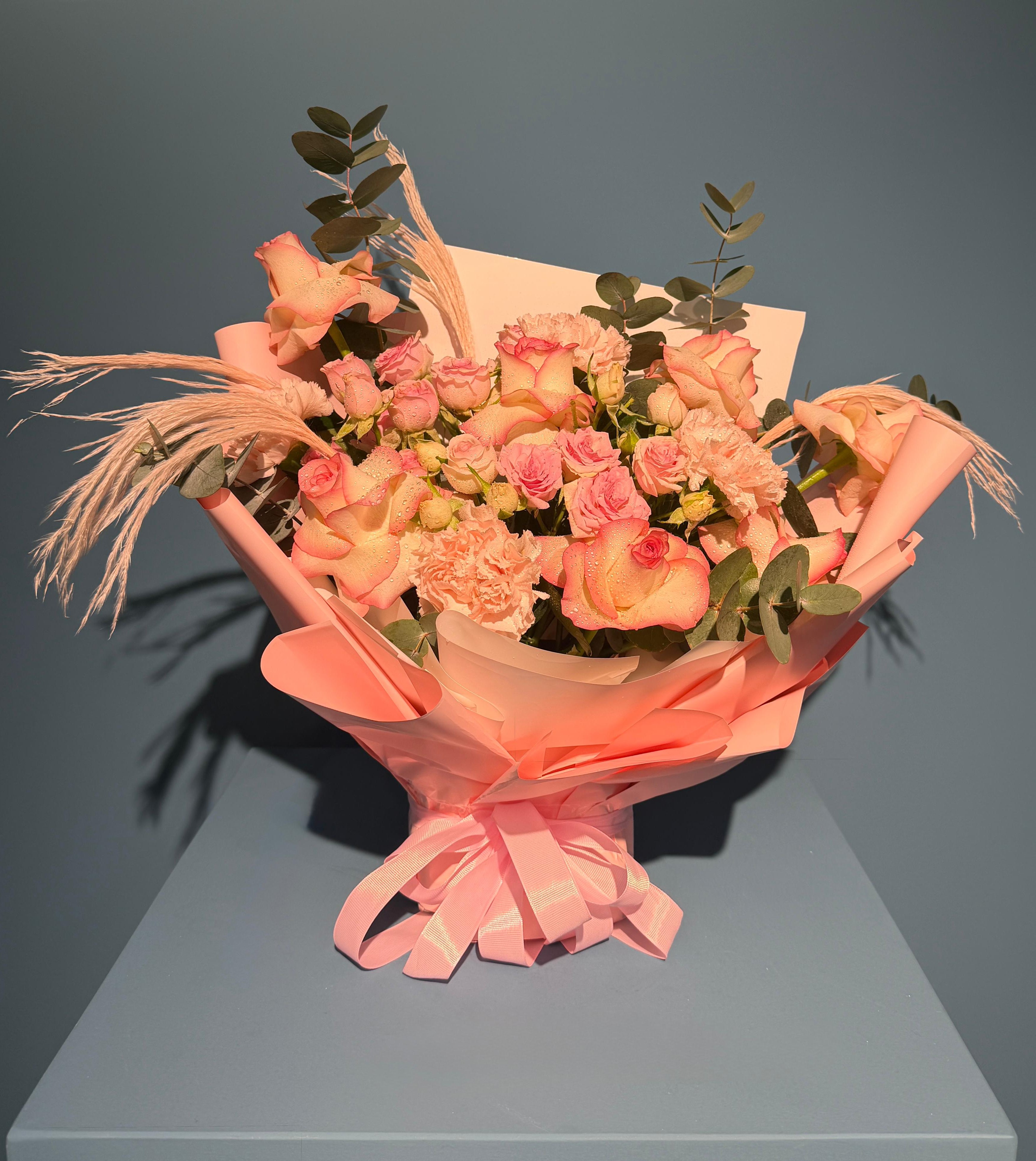 Lina - soft pink rose bouquet with blush wrapping and ribbon