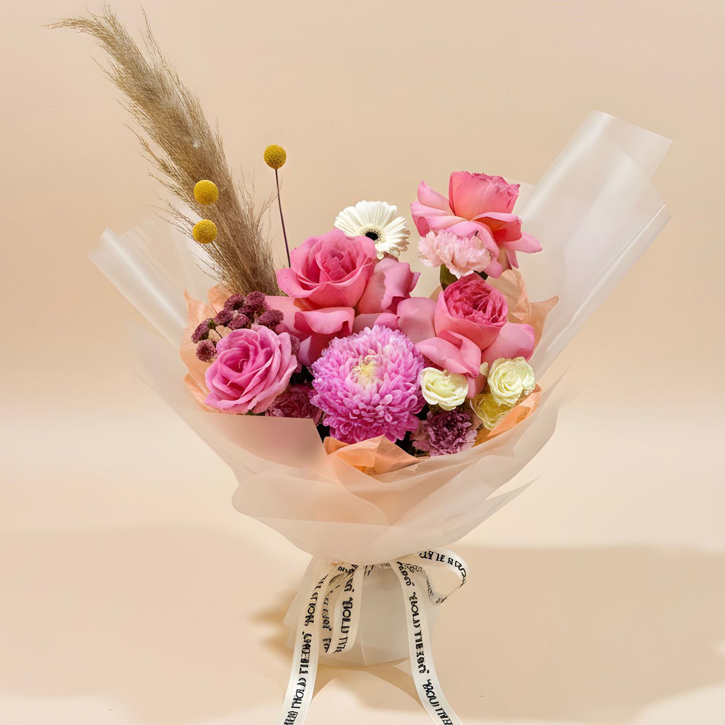 Love Feather – Colorful Rose & Craspedia Bouquet