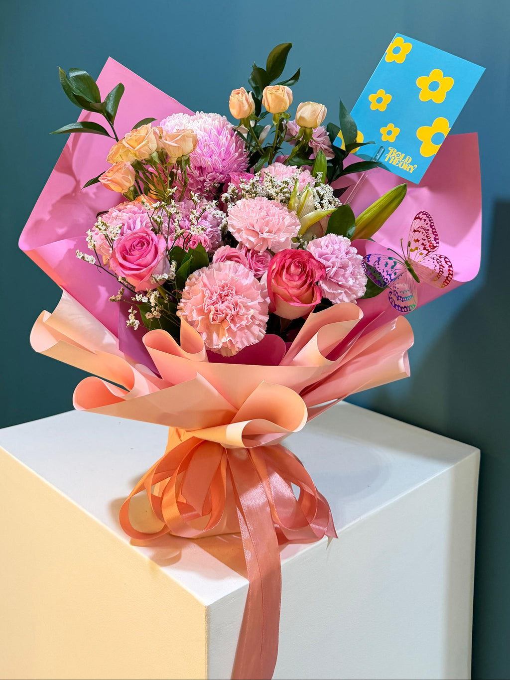 Pink Butterfly playful pink floral bouquet with ribbon accents mix flower arrangement