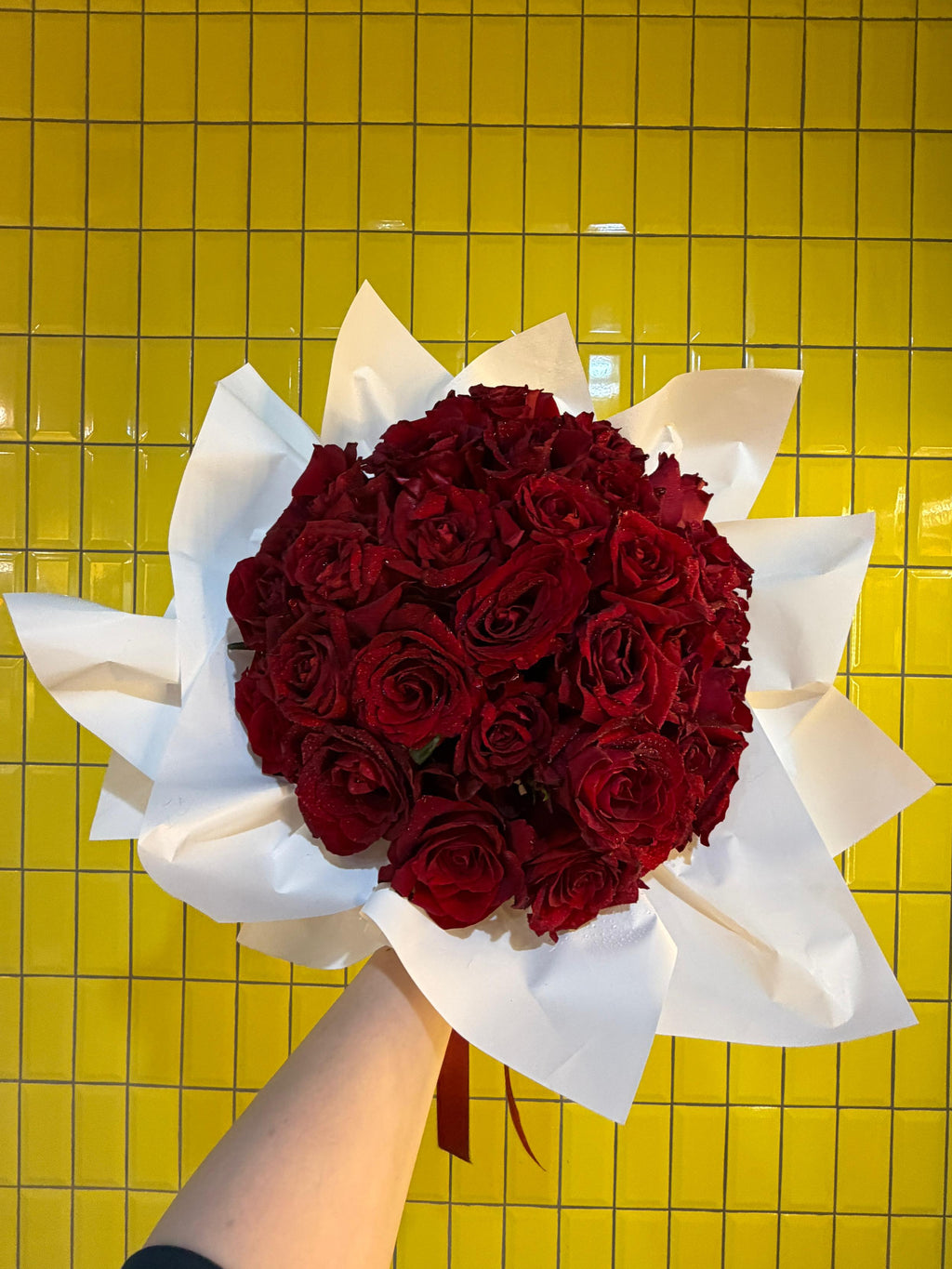 Vintage Love bouquet of 31 red roses wrapped in white paper